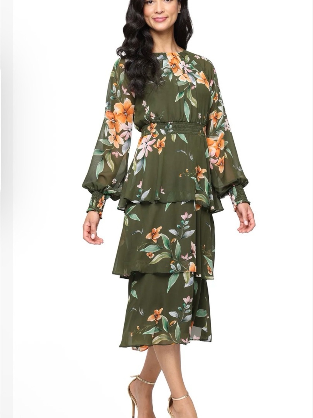 SLNY Olive Green Floral Long Sleeve Tiered Dress